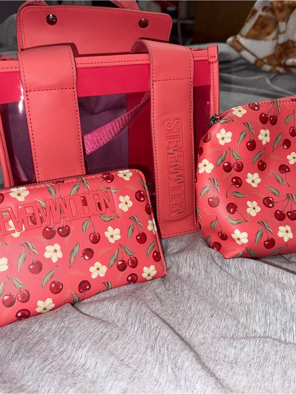 Steve Madden Pink Cherry-Print Tote with Matching Pouches